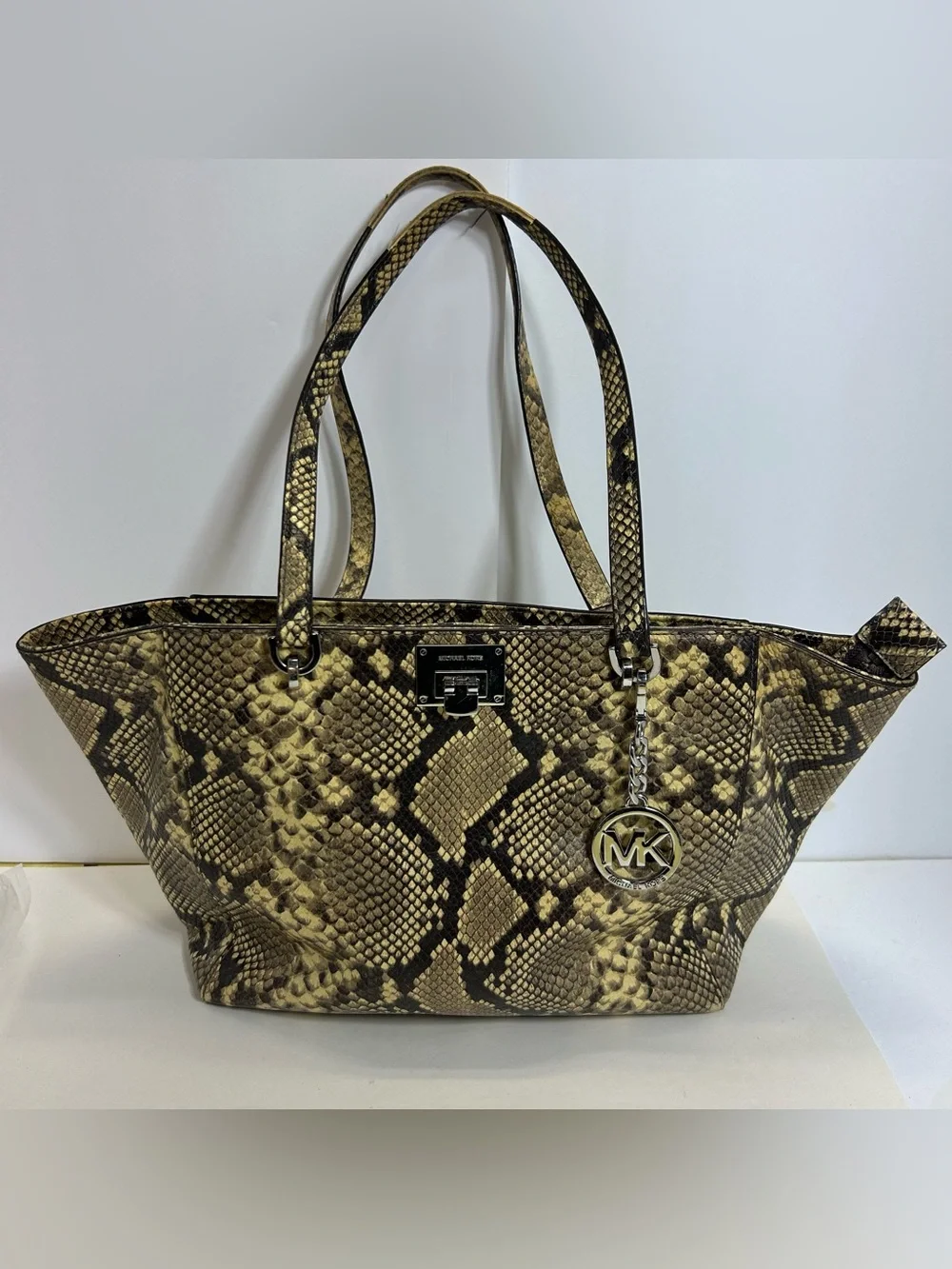 Michael Kors Snake-Print Leather Tote Doible Handle Shoulder Bag Purse Black Tan